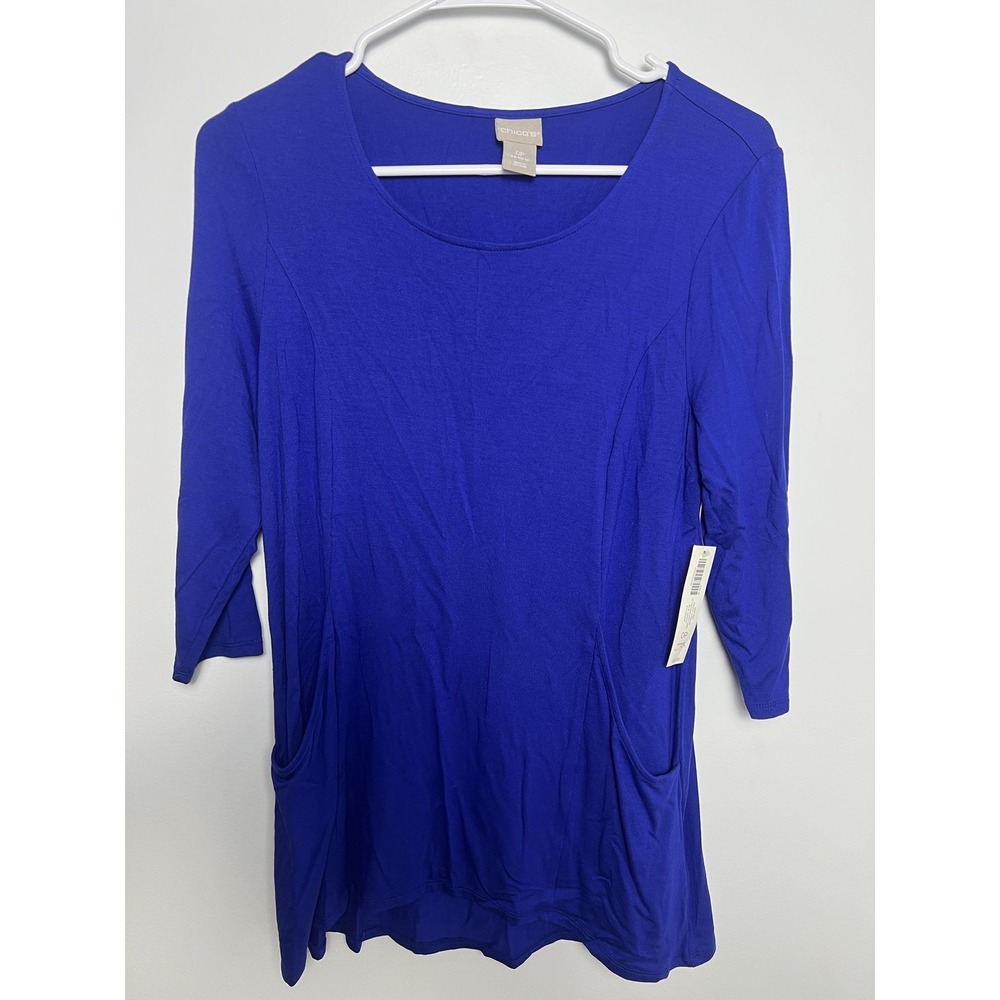 NWT! Chico's Wm 0P/Sm Petite Blue‎ Pocket Tunic Top 3/4 Sleeve Knit Scoop Neck